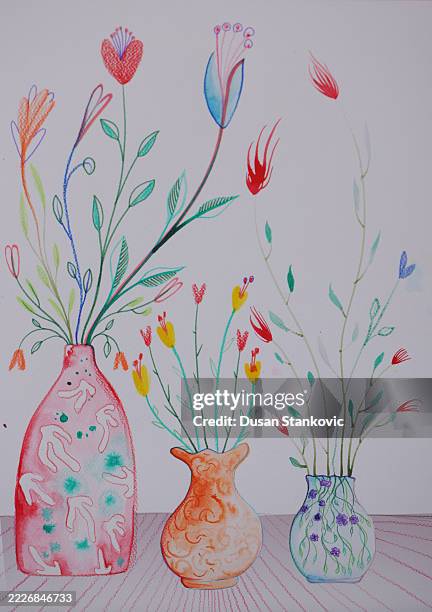 colorful vases with flowers - oil pastel drawing stock illustrations