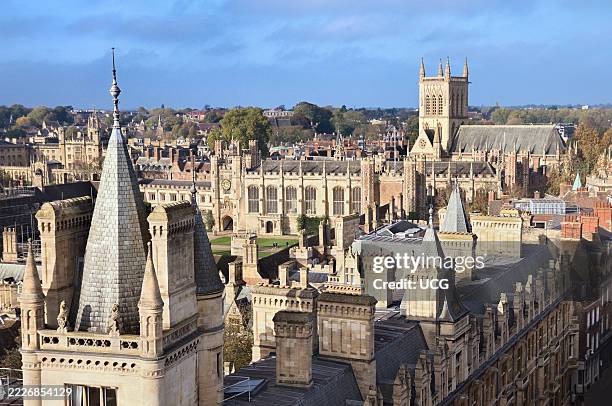 View from the top of Great St Mary's Church tower looking north to Trinity College Great Court and St John's College Chapel tower, University of...
