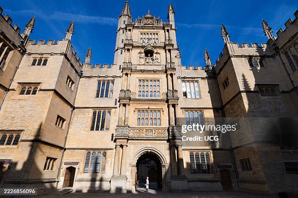 Looking up, the courtyard of the Old Bodleian Library, Oxford.