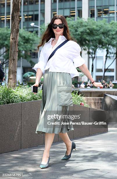 Anne Hathaway is seen filming scenes at the "The Devil Wears Prada 2" movie set on July 28, 2025 in New York City.