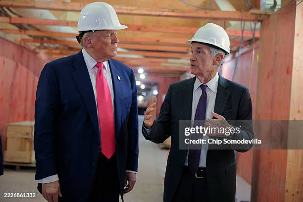 President Donald Trump and Federal Reserve Chair Jerome Powell tour the Federal Reserve’s $2.5 billion headquarters renovation project on July 24,...