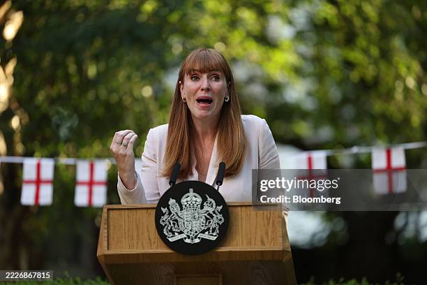 Angela Rayner, UK deputy prime minister, speaks during a reception for the England women's football team, also known as The Lionesses, at 10 Downing...