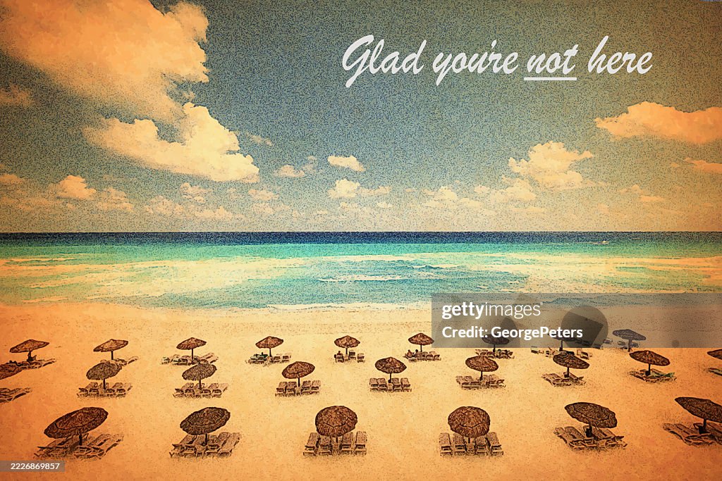 Humorous Vintage Postcard with Tropical beach and empty beach chairs and Palapas.