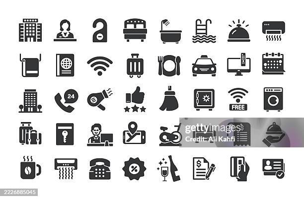 hotel glyph solid icons. containing service, receptionist, food, breakfast solid icons collection - hotel manager stock illustrations