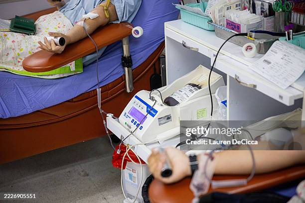 Thai people donate blood at the Thai Red Cross on July 25, 2025 in Bangkok, Thailand. Thousands of Thais flocked to donate blood amid escalating...
