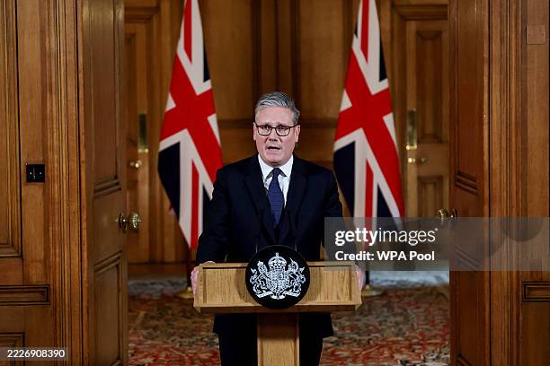 Prime Minister Keir Starmer delivers a statement inside No. 10 Downing Street on the day the cabinet was recalled to discuss the situation in Gaza,...