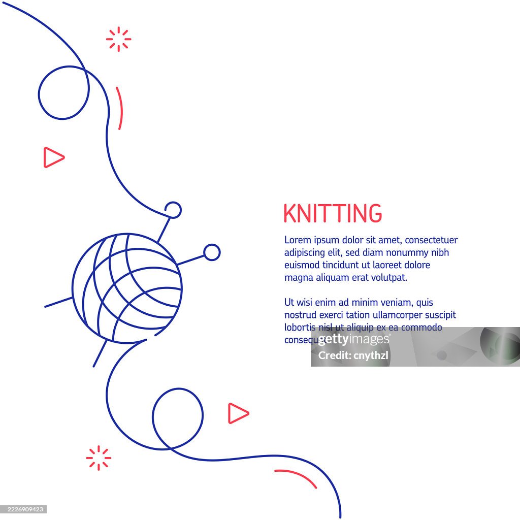 Kontinuierliche Strichzeichnung des Stricksymbols. Handgezeichnete Symbol-Vektor-Illustration. Minimalistisches Design mit dünnen blauen und roten Linien.