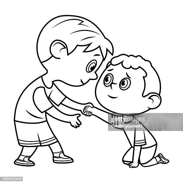 kleines kind, das freund hilft, dass es auf den boden fällt. - kindness stock-grafiken, -clipart, -cartoons und -symbole
