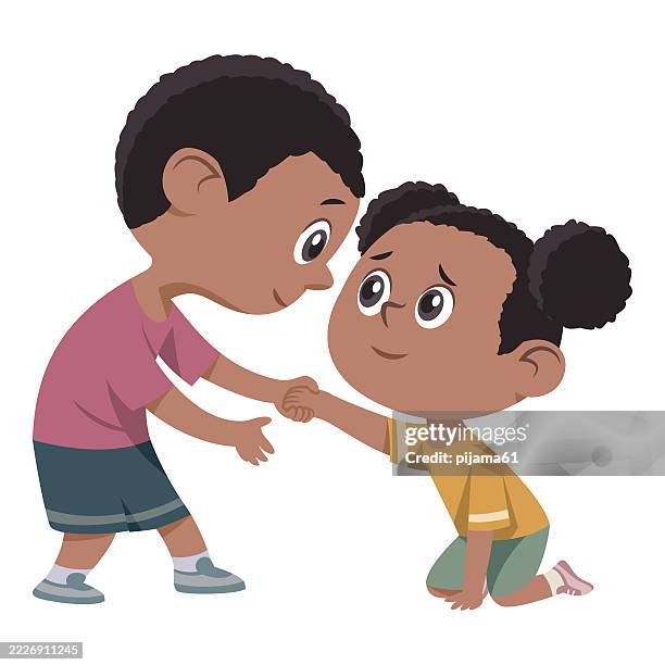 ilustraciones, imágenes clip art, dibujos animados e iconos de stock de niño de dibujos animados ayudando a su amigo. - asistir