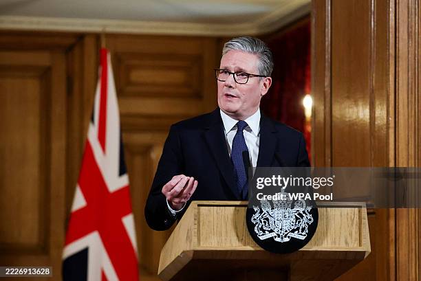 Prime Minister Keir Starmer delivers a statement inside No. 10 Downing Street on the day the cabinet was recalled to discuss the situation in Gaza,...
