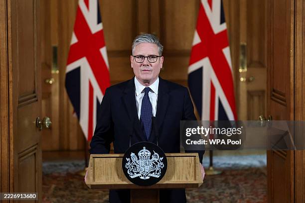 Prime Minister Keir Starmer delivers a statement inside No. 10 Downing Street on the day the cabinet was recalled to discuss the situation in Gaza,...