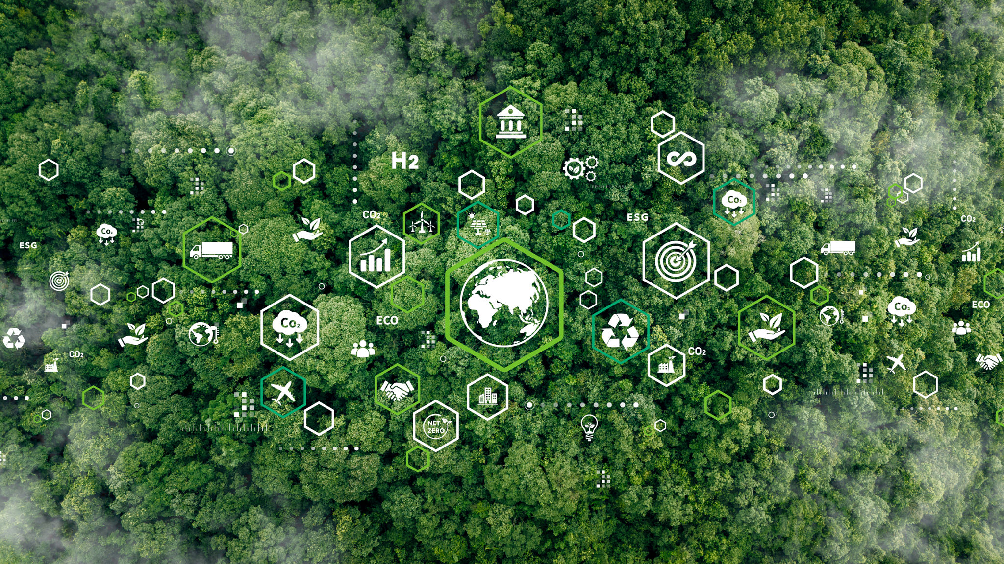 Aerial view of green trees with icons for ESG concept, ecology and Sustainable Environment Development. Green business, circular economy, supply chain, renewable energy, carbon emission to net zero Aerial view of green trees with icons for ESG concept, ecology and Sustainable Environment Development. Green business, circular economy, supply chain, renewable energy, carbon emission to net zero