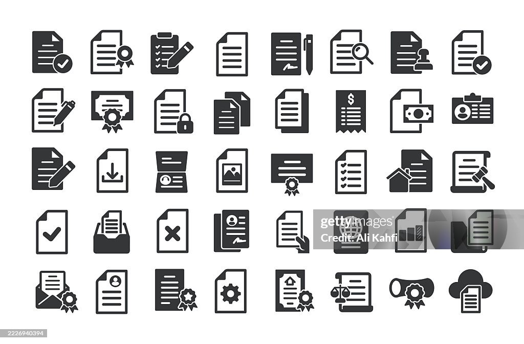 Document glyph solid icons. Containing certificate, passport, legal document, contract solid icons collection
