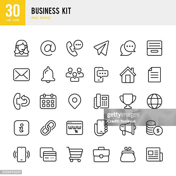business kit - vektor-icon-set mit dünner linie. 30 symbole. pixel perfekt. das set besteht aus symbolen wie support, anruf, team, aktentasche, nachricht, datei, zeitung, kontakt, archiv, mail, kreditkarte, geldbörse, währung, benachrichtigung, link, au - geschäftsausstattung stock-grafiken, -clipart, -cartoons und -symbole