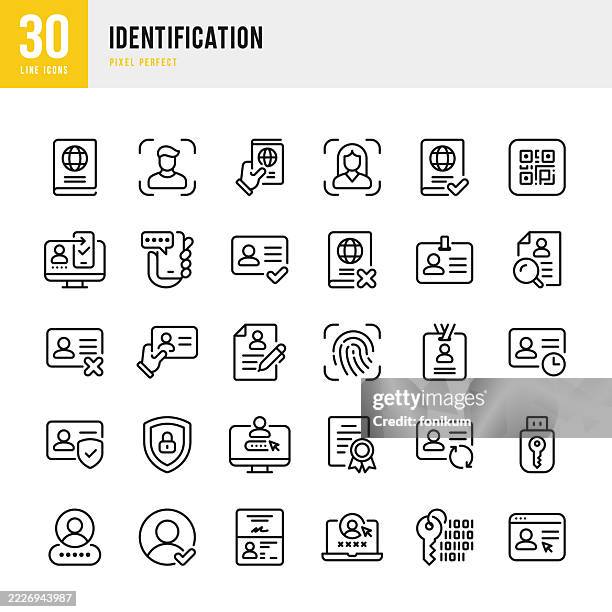 identification - thin line vector icon set. 30 icons. pixel perfect. the set consists of icons such as passport, document, id card, security system, biometrics, fingerprint, face id, digital authentication, password, account verification, qr code, passwor - authentication-icon stock illustrations