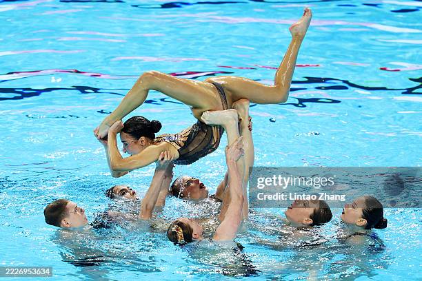 Team Kazakhstan compete in the Team Acrobatic Final on day 15 of the Singapore 2025 World Aquatics Championships at World Aquatics Championships...