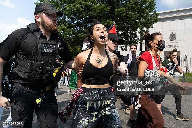 Secret Service Uniformed Division police detain a pro-Palestinian protester after an incident with an Egyptian diplomat's car as they arrived at the...