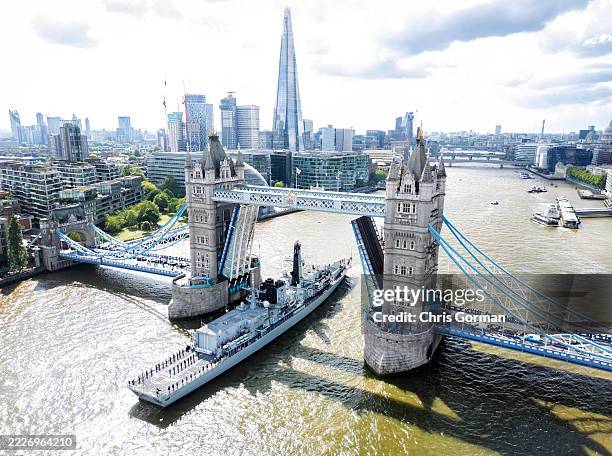 Sutherland passes Tower Bridge on the River Thames on May 12, 2025 in London, England.
