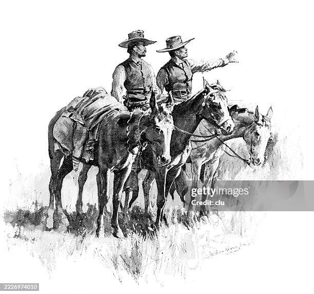 ilustrações de stock, clip art, desenhos animados e ícones de two texas rangers sitting on horses, one pointing into the distance - vaqueiro