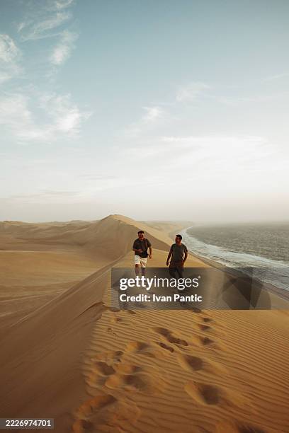 tourists walking down sand dune at sunset on the coast of namibia - namibia beach stock pictures, royalty-free photos & images