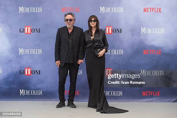 Tim Burton and Monica Bellucci attend a photocall during the 55th Giffoni Film Festival 2025 on July 25, 2025 in Giffoni Valle Piana, Italy.