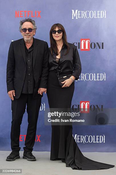 Tim Burton and Monica Bellucci attend a photocall during the 55th Giffoni Film Festival 2025 on July 25, 2025 in Giffoni Valle Piana, Italy.