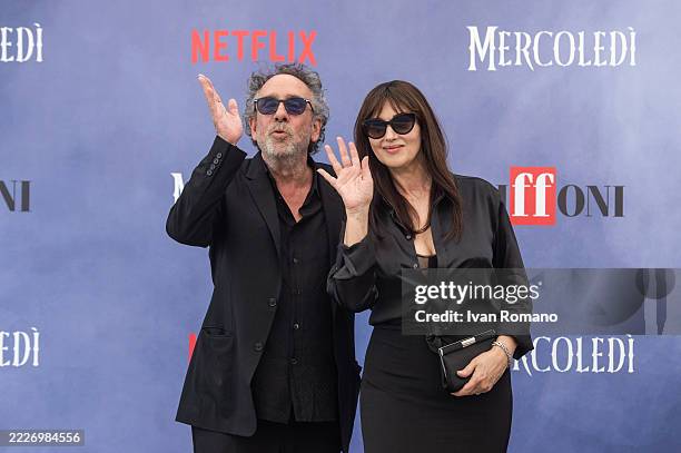 Tim Burton and Monica Bellucci attend a photocall during the 55th Giffoni Film Festival 2025 on July 25, 2025 in Giffoni Valle Piana, Italy.
