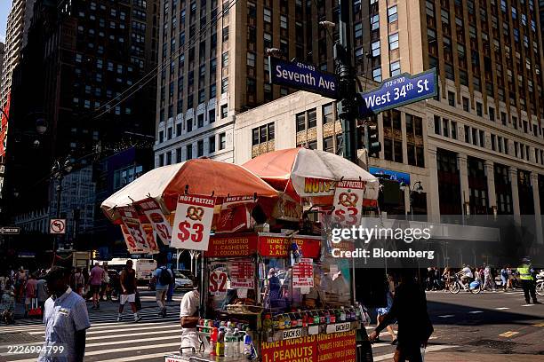 Vendor sells food in New York, US, on Tuesday, July 29, 2025. The Bureau of Economic Analysis is scheduled to release gross domestic product figures...