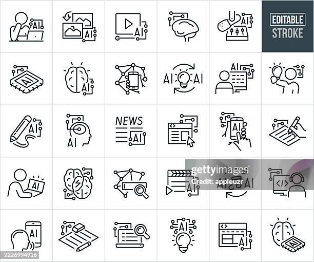 generative artificial intelligence thin line icons - editable stroke - icons include machine learning, photo and video generation using ai, music and studio recording using ai, website design, computer programming, automation - fake stock illustrations