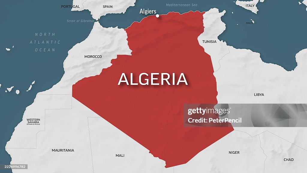 アルジェリア - 世界地図でズームします。アルジェリアのアニメーション形状ベクトルマップ。4Kビデオ映像。モーショングラフィックス
