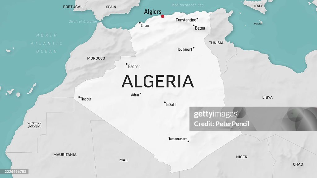 Algeria - Zoom on World Map. Animated Shape Vector Map of the Algeria. 4K Video Footage. Motion Graphics