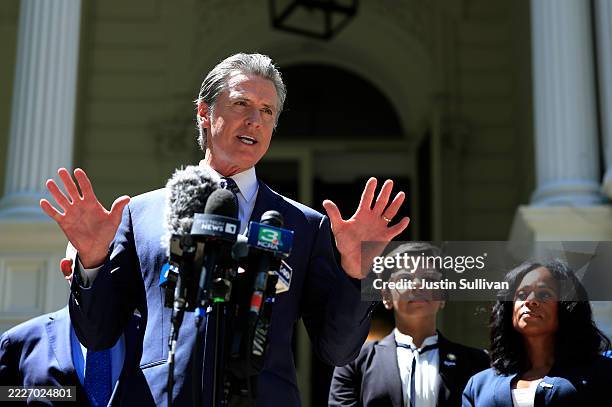 California Gov. Gavin Newsom speaks during a news conference with Texas lawmakers at the Governor’s Mansion on July 25, 2025 in Sacramento,...