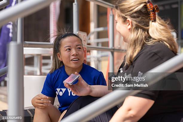 Rachel Choong of England being interviewed during the British & Irish Para Badminton International at Sport Wales National Centre on July 25, 2025 in...