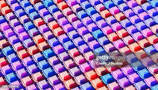 ai interface grid: pastel-colored keyboards in a digital pattern - large language model stockfoto's en -beelden
