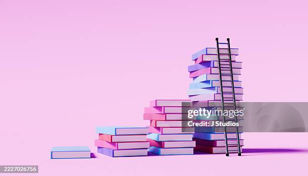 ascending knowledge – ladder climbing pastel book stacks symbolizing educational progress - knowledge is power stock pictures, royalty-free photos & images