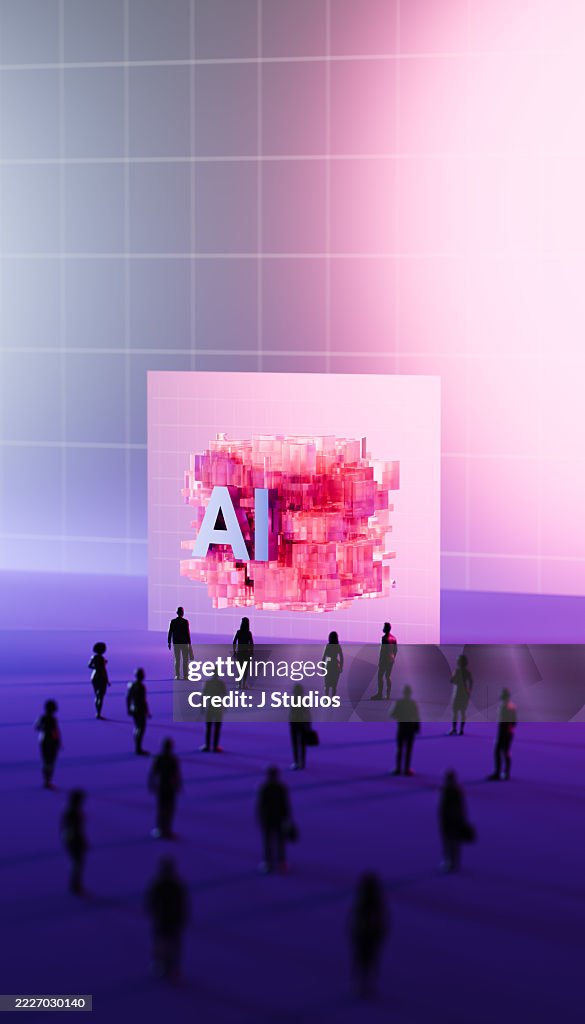 Business Professionals United Toward AI Innovation with Futuristic Grid Backdrop