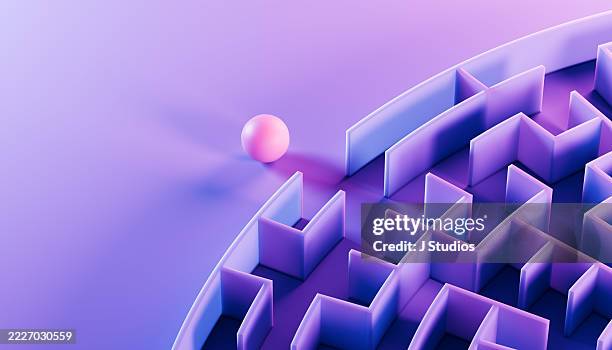solitary journey - pink sphere approaching circular maze in futuristic purple-blue scene - escapism stock pictures, royalty-free photos & images
