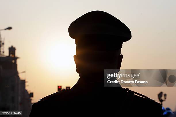 Silhouette of the Carabinieri cap as the city of Bari celebrated the 211th anniversary of the founding of the Carabinieri on June 05, 2025 in Bari,...