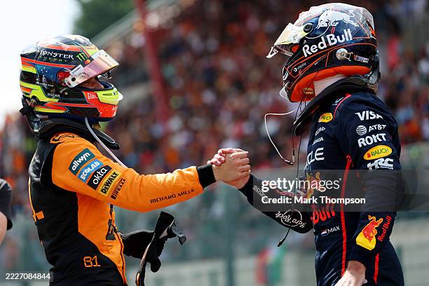 Sprint winner Max Verstappen of the Netherlands and Oracle Red Bull Racing and Second placed Oscar Piastri of Australia and McLaren congratulate each...