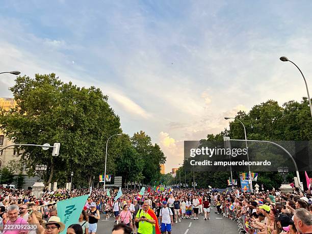 celebrating diversity at madrid gay pride parade - peace protest stock pictures, royalty-free photos & images
