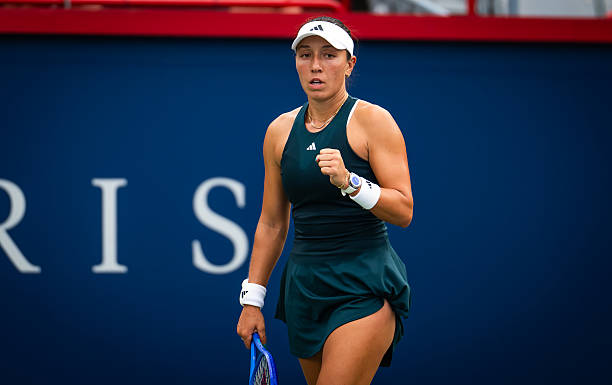 Jessica Pegula of the United States in action against Maria Sakkari of Greece in the second round of the National Bank Open at Stade IGA on July 30,...