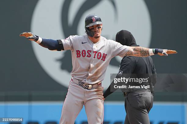 Jarren Duran of the Boston Red Sox reacts during the game between the Boston Red Sox and the Minnesota Twins at Target Field on Wednesday, July 30,...