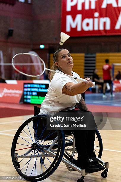 Cynthia Mathez of Switzerland competes in the Women's WH1 Final during the British & Irish Para Badminton International at Sport Wales National...