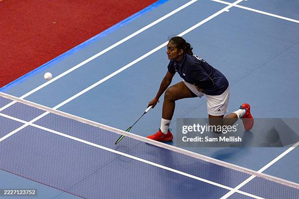 Thulasimathi Murugesan of India competes in the Women's SU5 Final during the British & Irish Para Badminton International at Sport Wales National...