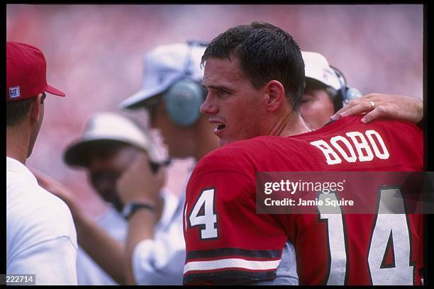 Quarterback Mike Bobo of the Georgia Bulldogs looks on during a game against the South Carolina Gamecocks at Sanford Stadium in Athens, Georgia....