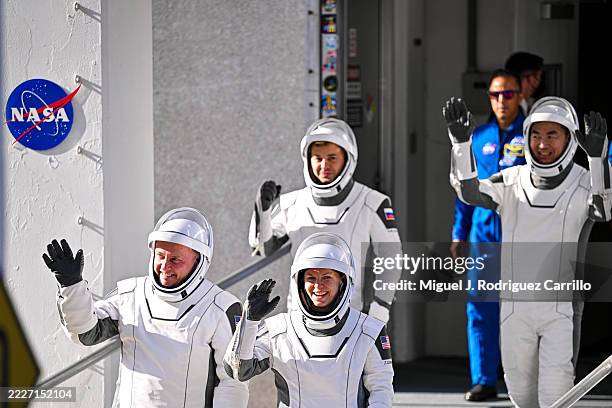 Roscosmos cosmonaut Oleg Platonov, Jaxa astronaut Kimiya Yui, NASA astronaut Mike Fincke, and NASA astronaut Zena Cardman depart the Neil A....