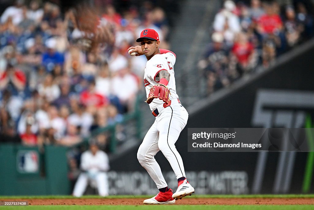 Nick Rocchio Brayan Rocchio of the Cleveland Guardians throws to first base during ...