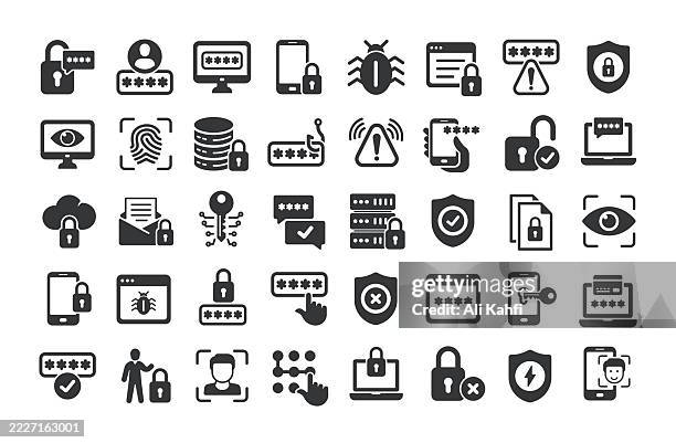 cyber security glyph solid icons. containing malware, hacker, spyware, data security solid icons collection - digital security team stock illustrations