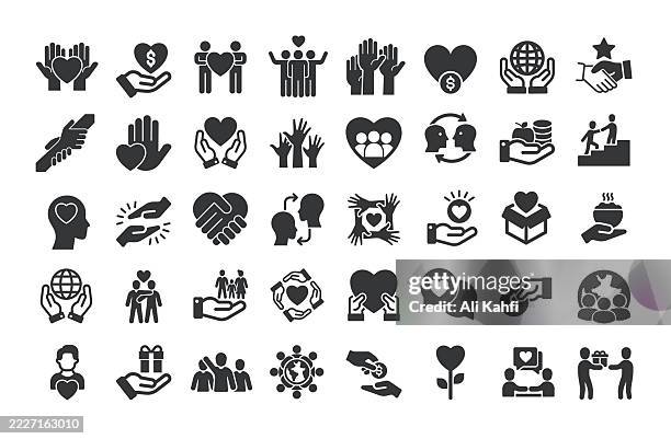 altruism glyph solid icons. containing charity, volunteer, help, donation solid icons collection - kindness stock illustrations