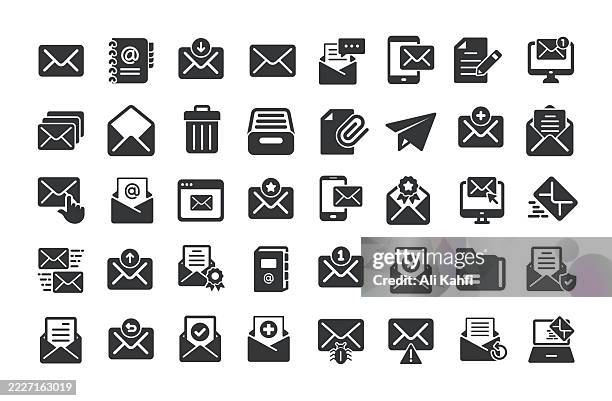 email glyph solid icons. containing mail, letter, communication solid icons collection - man opening mail stock illustrations